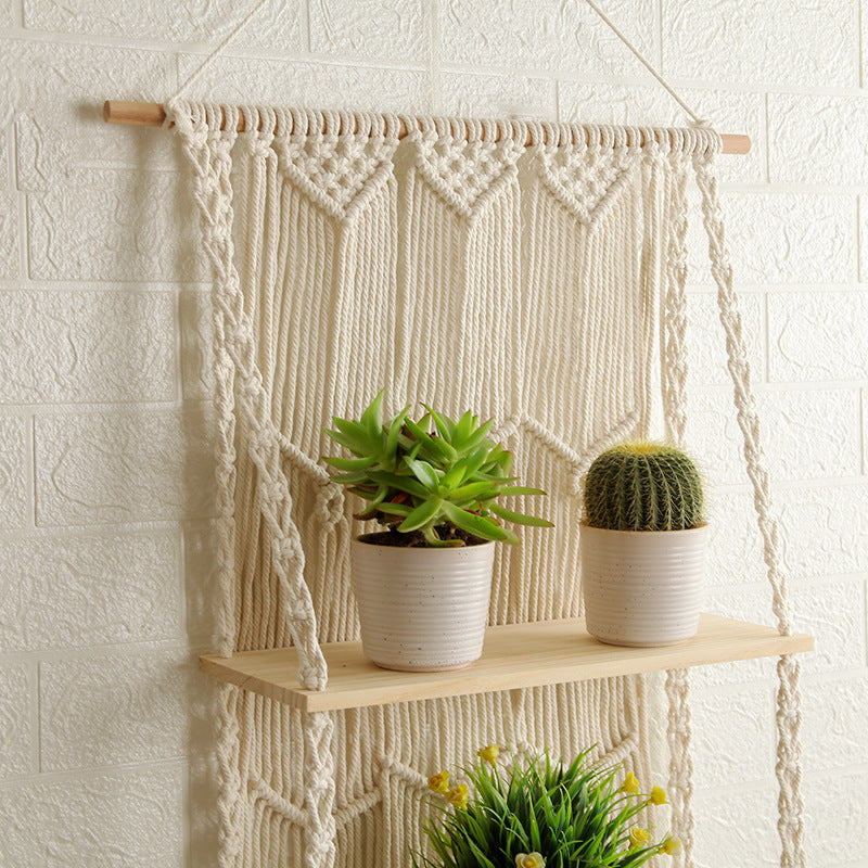 Decorative Wall-Mounted Macrame Shelf with Natural Wooden Accents | Thrascher