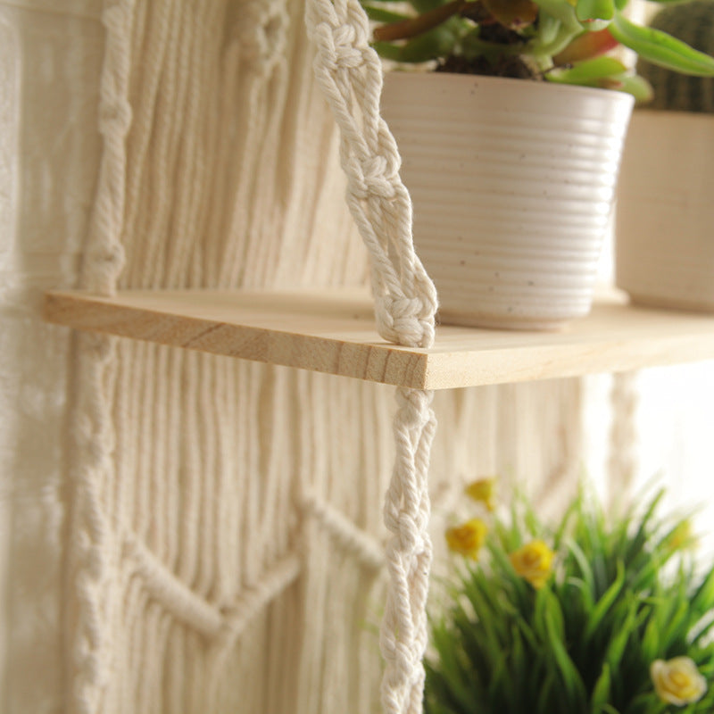 Decorative Wall-Mounted Macrame Shelf with Natural Wooden Accents | Thrascher