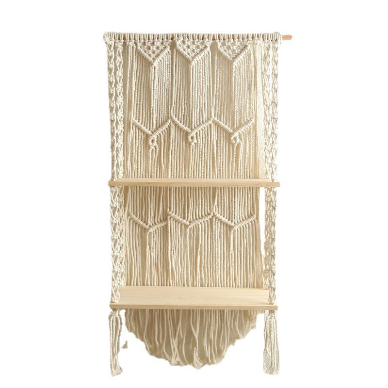 Decorative Wall-Mounted Macrame Shelf with Natural Wooden Accents | Thrascher