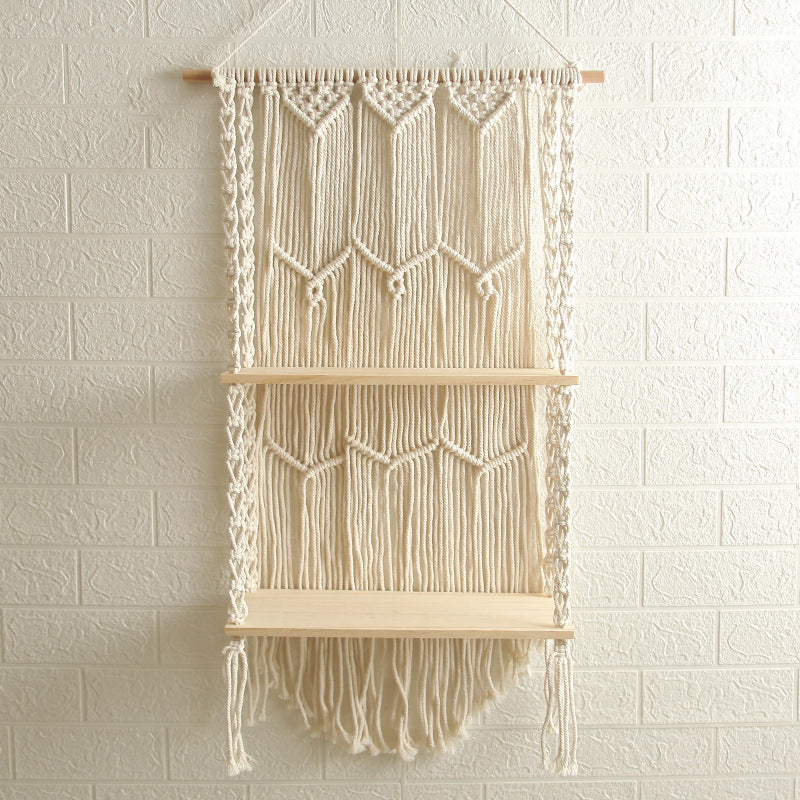 Decorative Wall-Mounted Macrame Shelf with Natural Wooden Accents | Thrascher