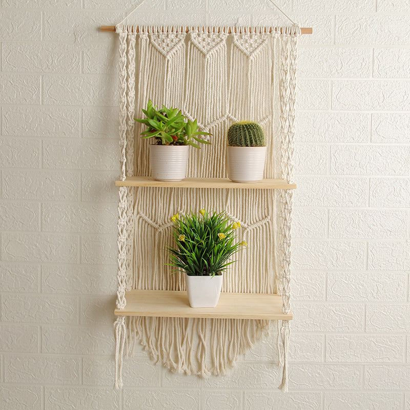 Decorative Wall-Mounted Macrame Shelf with Natural Wooden Accents | Thrascher