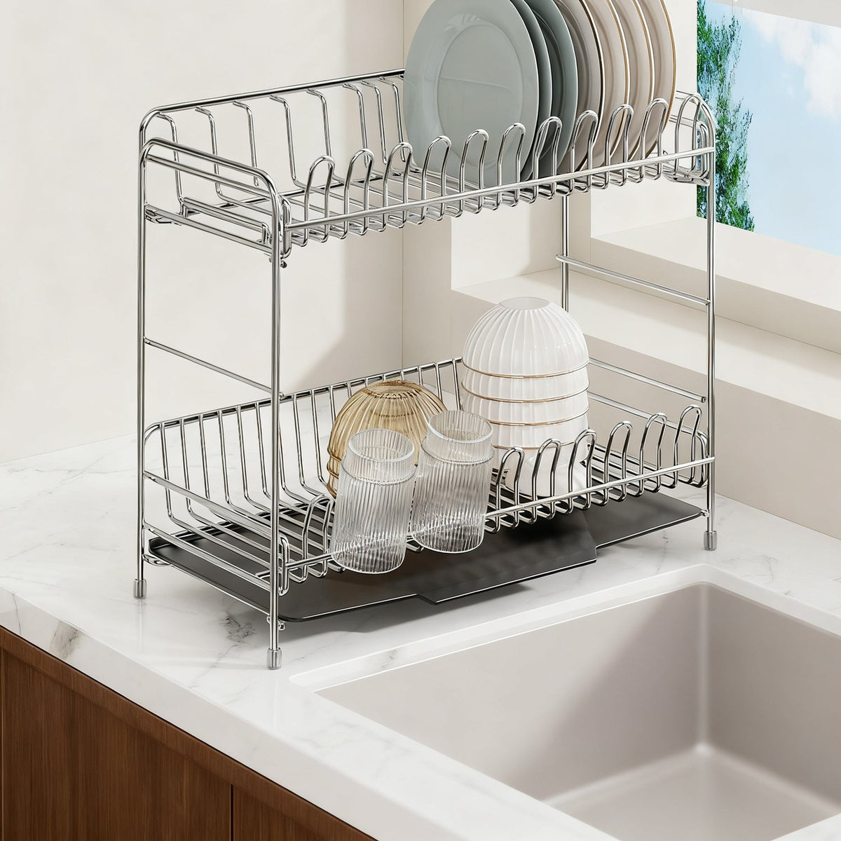 304 Stainless Steel Dish Rack with Draining Basket, 1–2 Tiers
