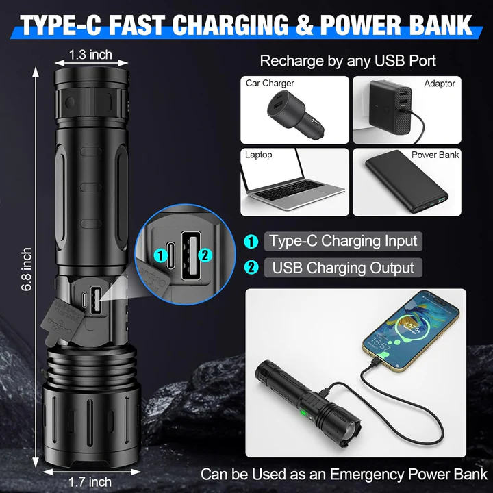 Rechargeable LED Aluminum Flashlight with Adjustable Beam and 5000mAh Battery