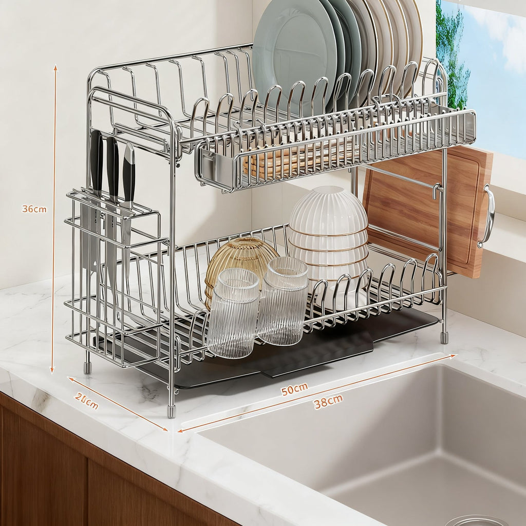 304 Stainless Steel Dish Rack with Draining Basket, 1–2 Tiers