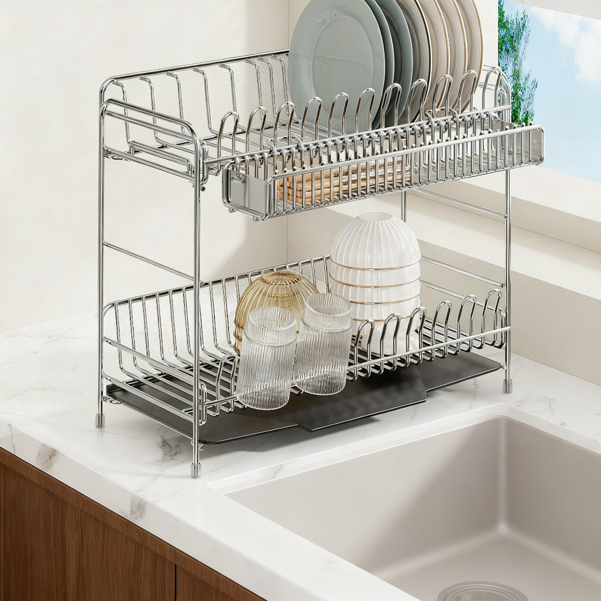 304 Stainless Steel Dish Rack with Draining Basket, 1–2 Tiers