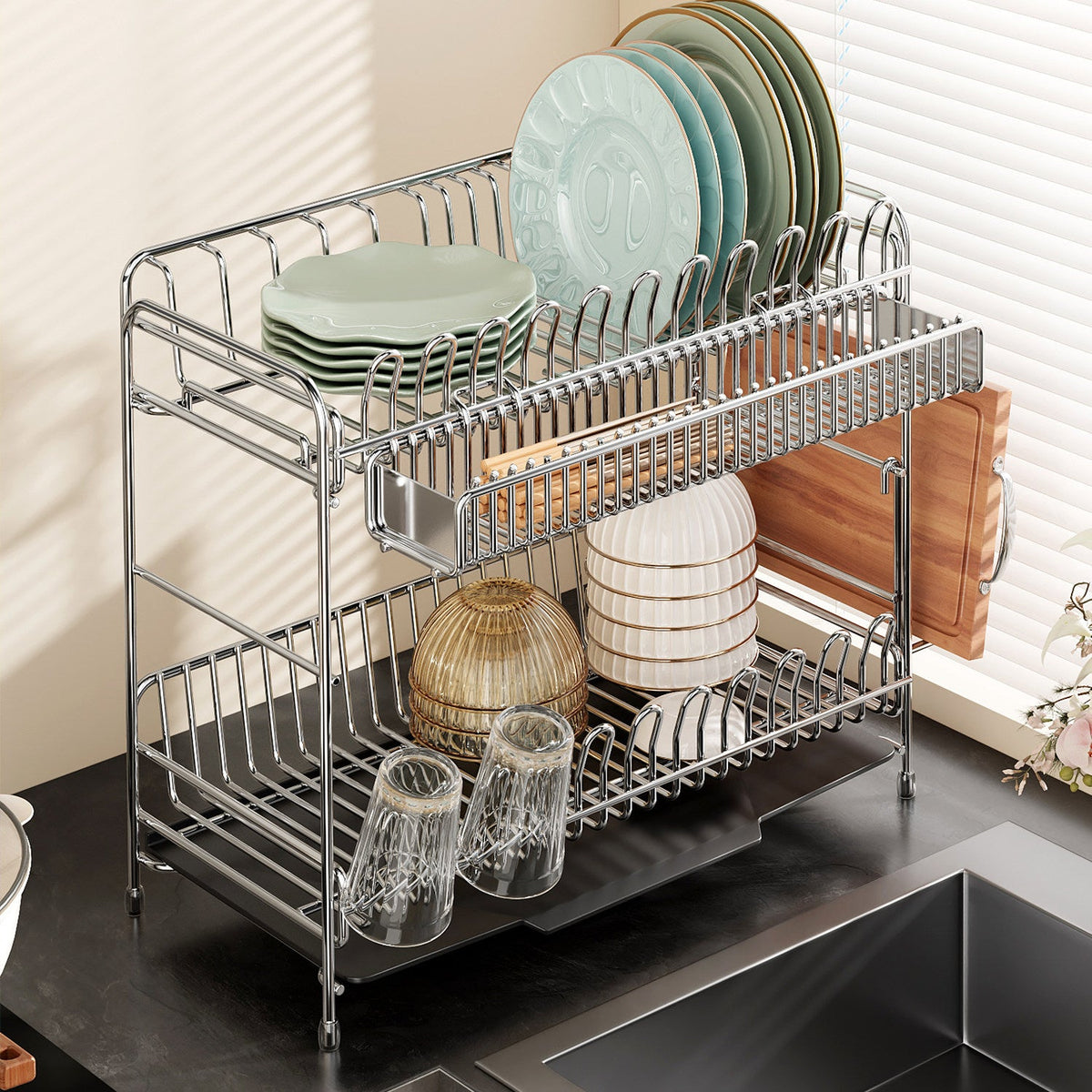 304 Stainless Steel Dish Rack with Draining Basket, 1–2 Tiers