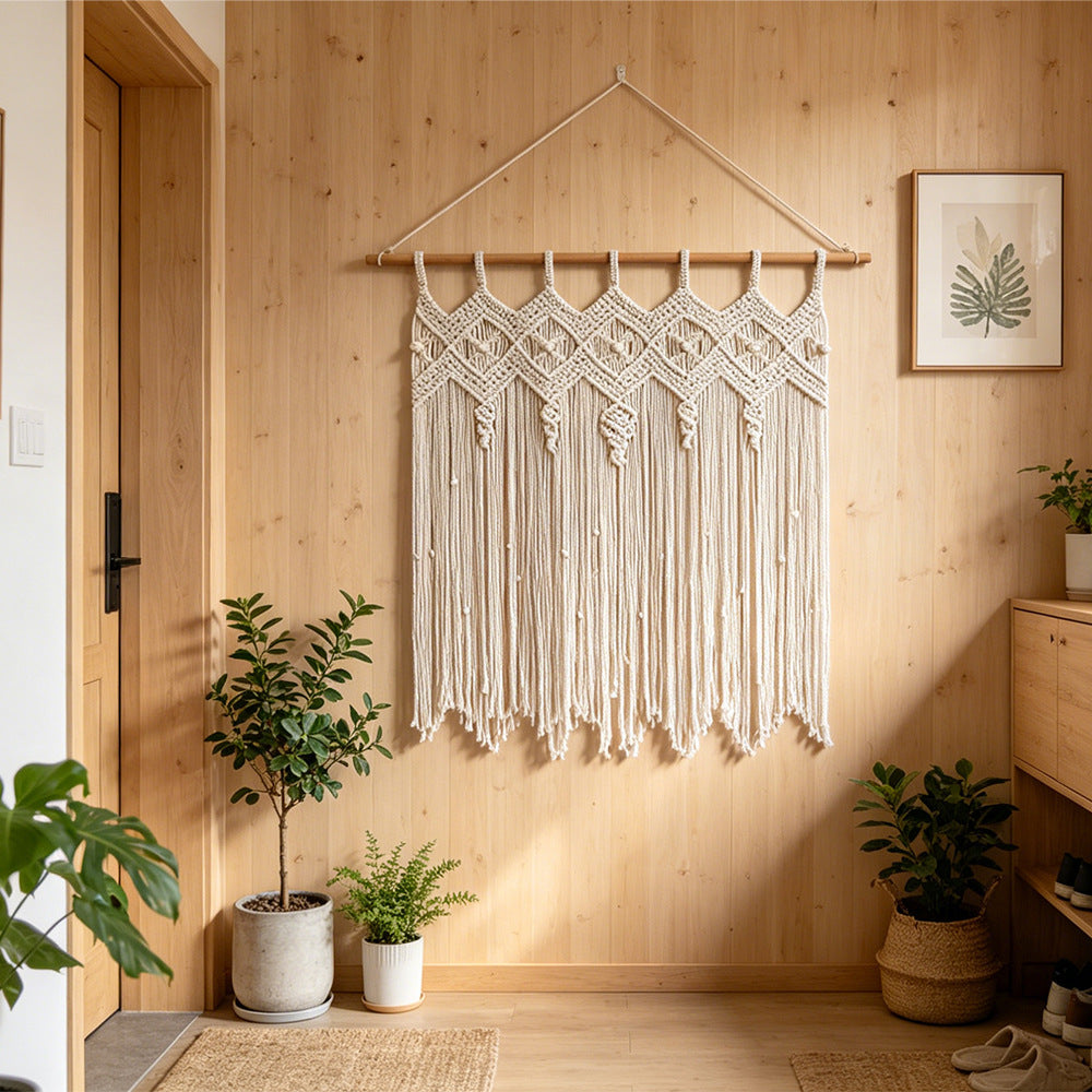 Elegant Macrame Wall Hanging with Artistic Fringes and Geometric Patterns | Thrascher