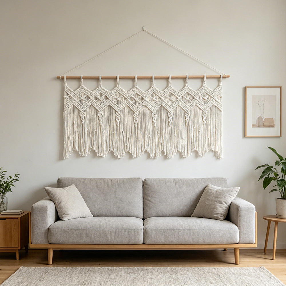 Elegant Macrame Wall Hanging with Artistic Fringes and Geometric Patterns | Thrascher