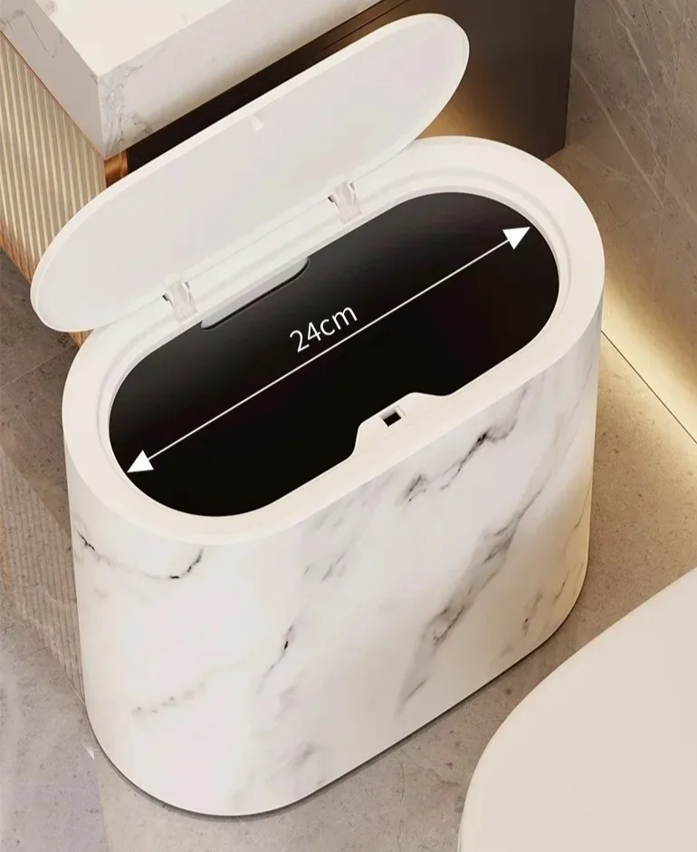 Elliptical Plastic Trash Can with Marble Texture and Push-Top Lid, view 10