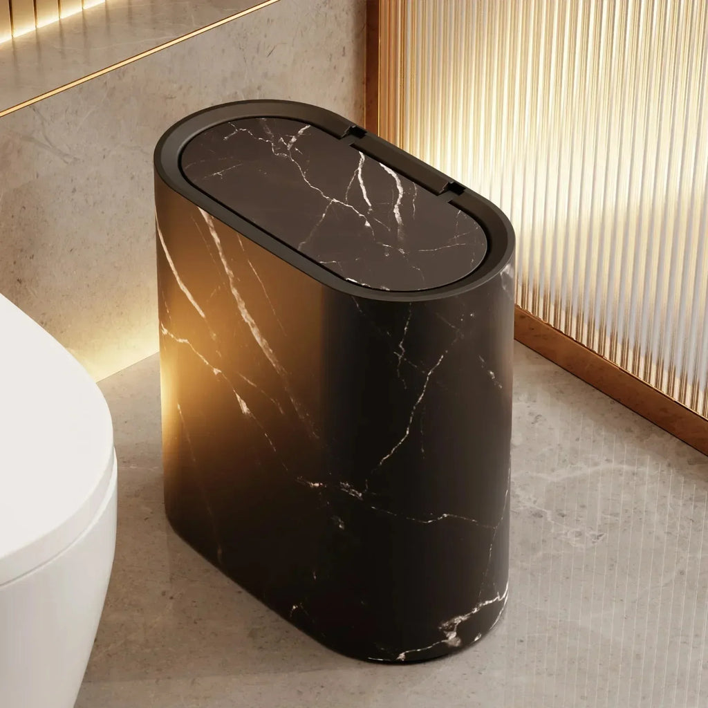 Elliptical Plastic Trash Can with Marble Texture and Push-Top Lid, view 12