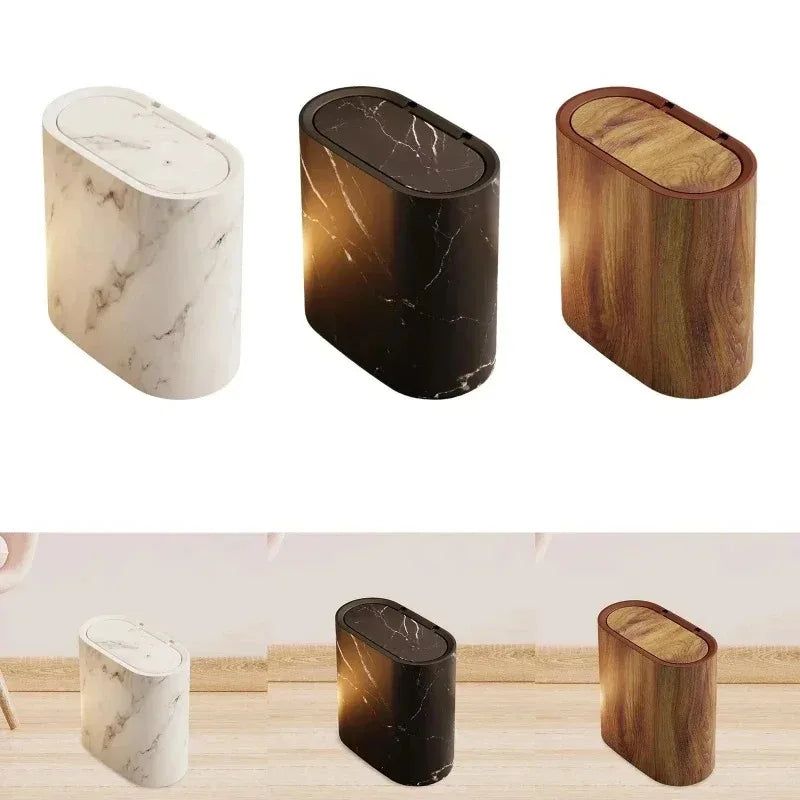 Elliptical Plastic Trash Can with Marble Texture and Push-Top Lid, view 4
