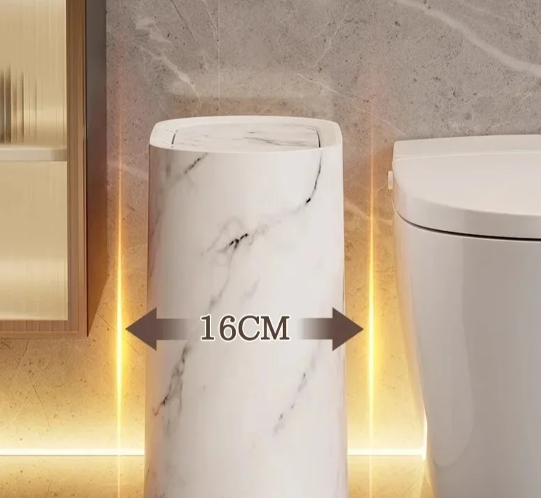 Elliptical Plastic Trash Can with Marble Texture and Push-Top Lid, view 6