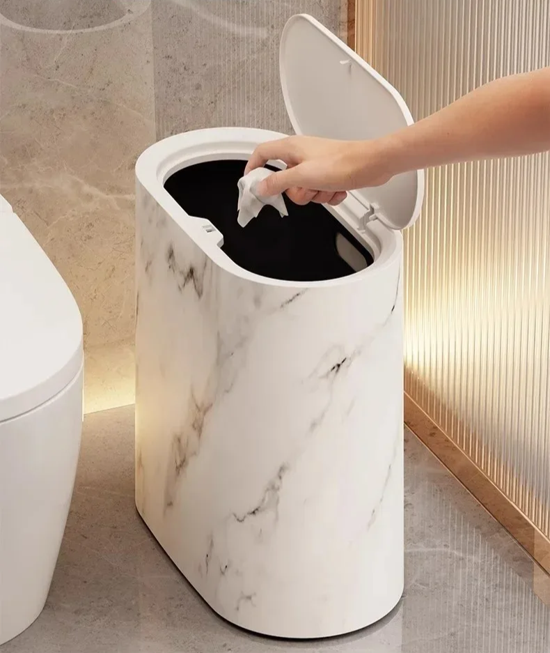 Elliptical Plastic Trash Can with Marble Texture and Push-Top Lid, view 7