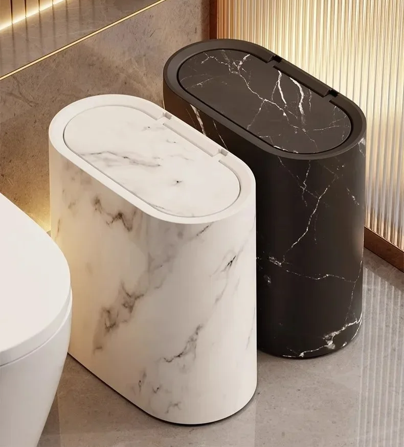 Elliptical Plastic Trash Can with Marble Texture and Push-Top Lid, view 8