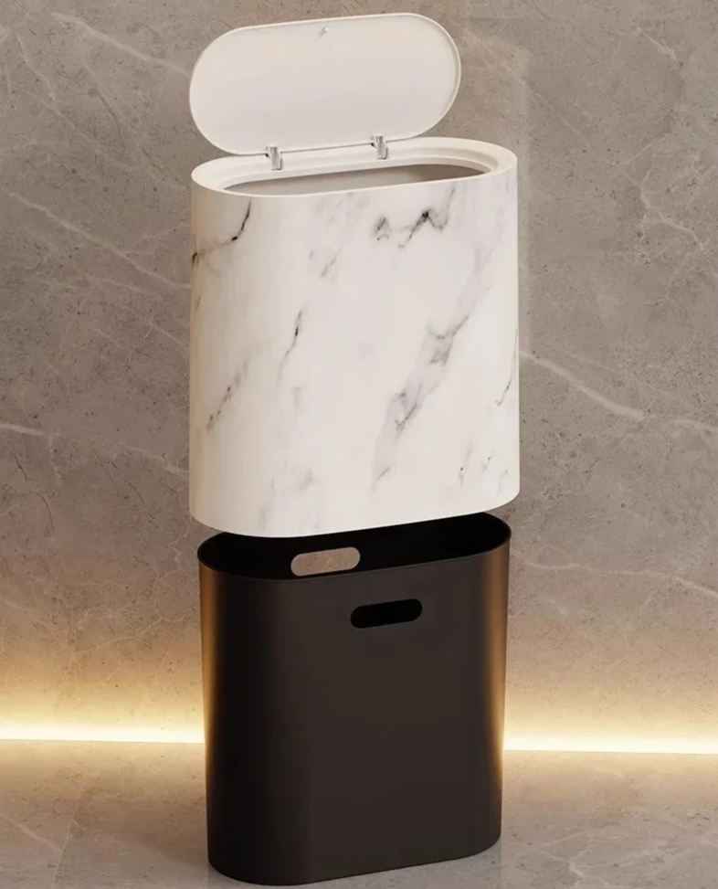 Elliptical Plastic Trash Can with Marble Texture and Push-Top Lid, view 9