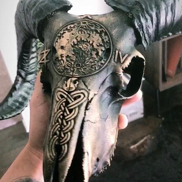 Carved Resin Ram Skull with Removable Horns, 20cm Wide