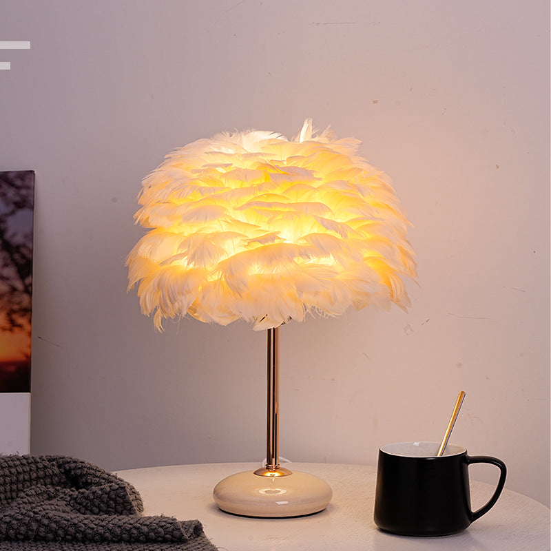 Feather Shade Table Lamp with Ceramic Base and Polished Metal Rod | Thrascher