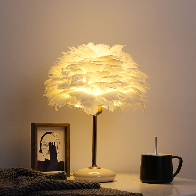 Feather Shade Table Lamp with Ceramic Base and Polished Metal Rod | Thrascher