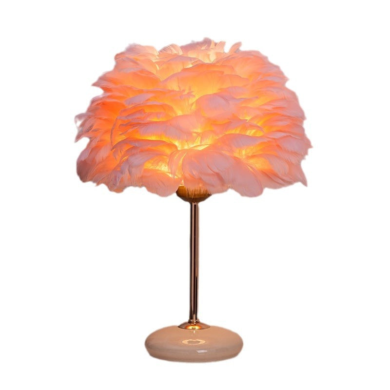 Feather Shade Table Lamp with Ceramic Base and Polished Metal Rod | Thrascher