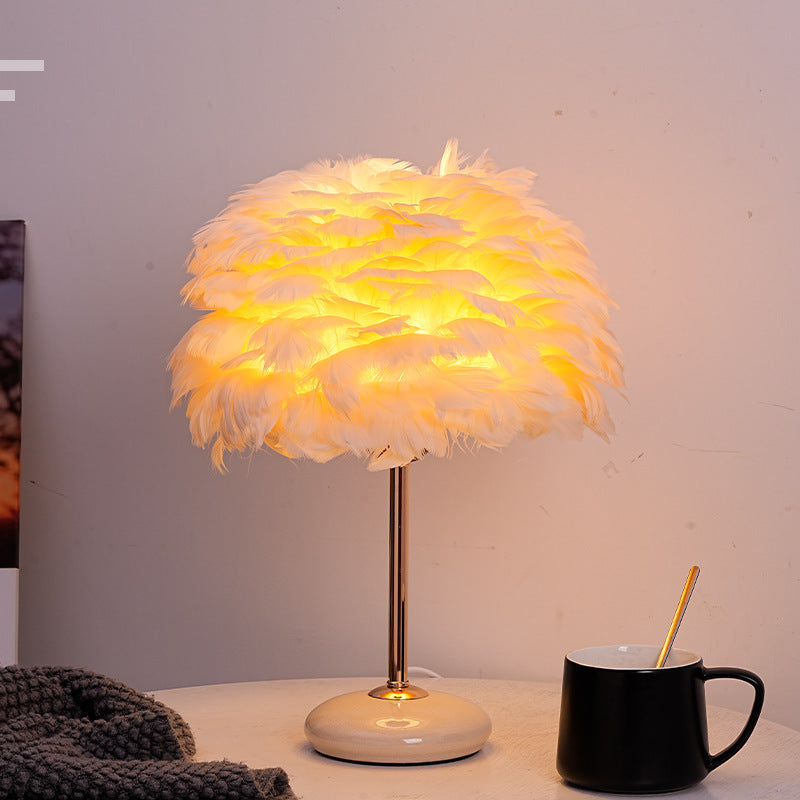 Feather Shade Table Lamp with Ceramic Base and Polished Metal Rod | Thrascher