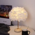 Feather Shade Table Lamp with Ceramic Base and Polished Metal Rod | Thrascher