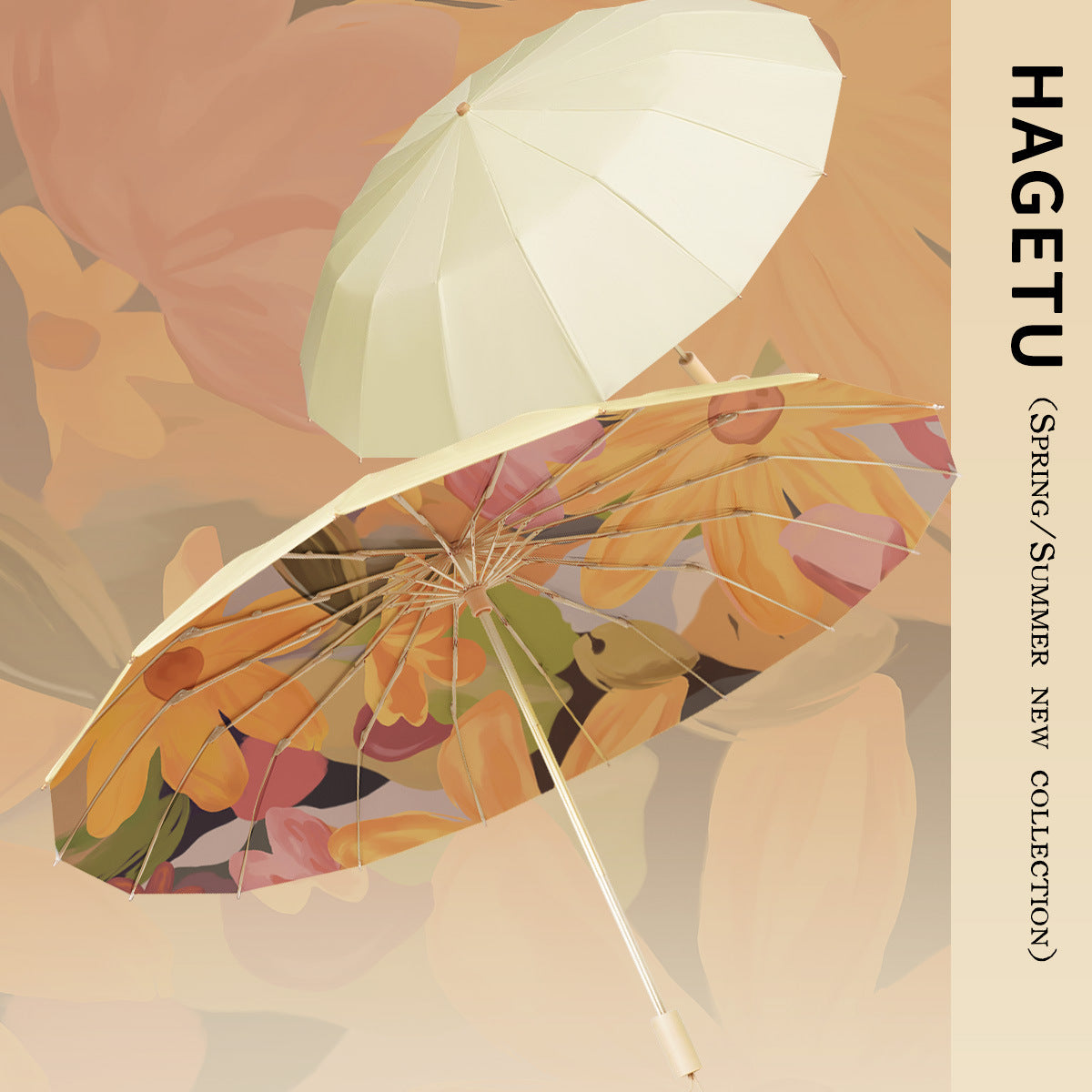 Folding Floral Sun Umbrella with UV Protection and Compact Design, view 6