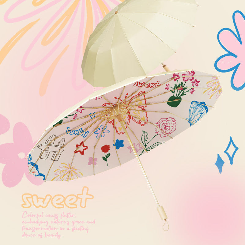 Folding Floral Sun Umbrella with UV Protection and Compact Design, view 9