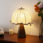 Handmade Linen Ruffle Table Lamp with Walnut Pyramid Base | Thrascher