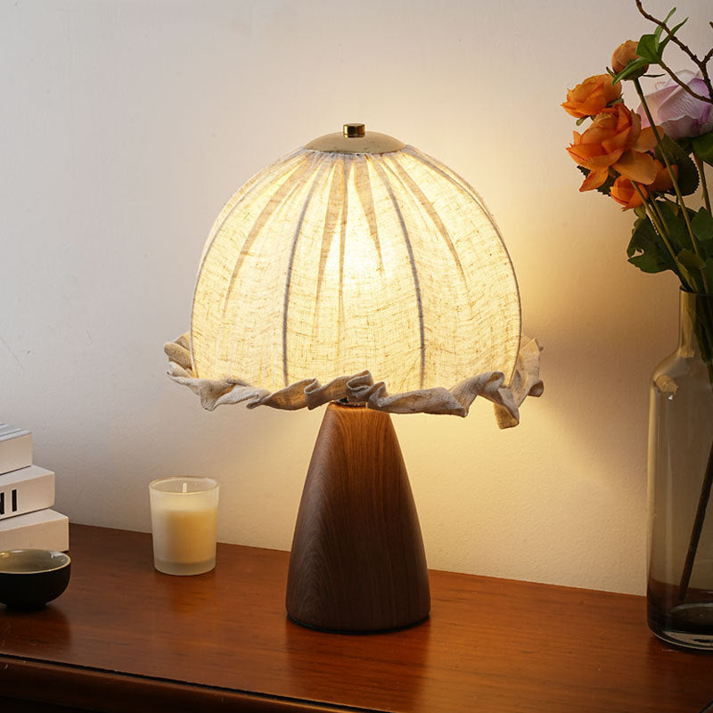 Handmade Linen Ruffle Table Lamp with Walnut Pyramid Base | Thrascher