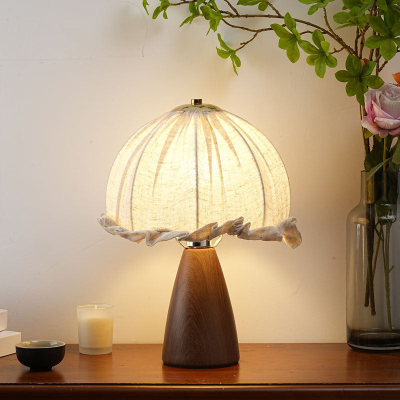 Handmade Linen Ruffle Table Lamp with Walnut Pyramid Base | Thrascher