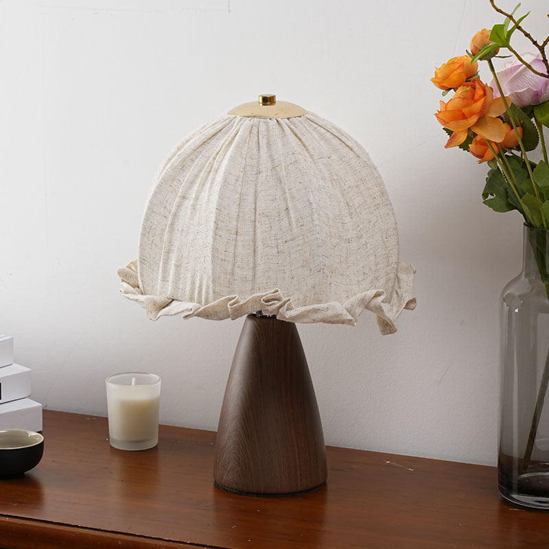 Handmade Linen Ruffle Table Lamp with Walnut Pyramid Base | Thrascher