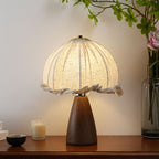 Handmade Linen Ruffle Table Lamp with Walnut Pyramid Base | Thrascher