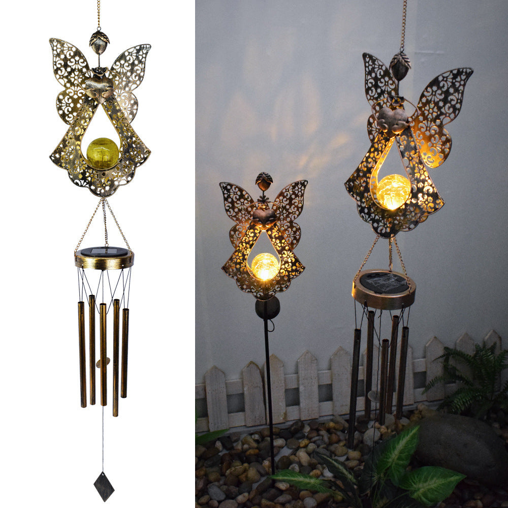 Hanging Flamingo Solar LED Wind Chime with Crackle Glass Globe | Thrascher