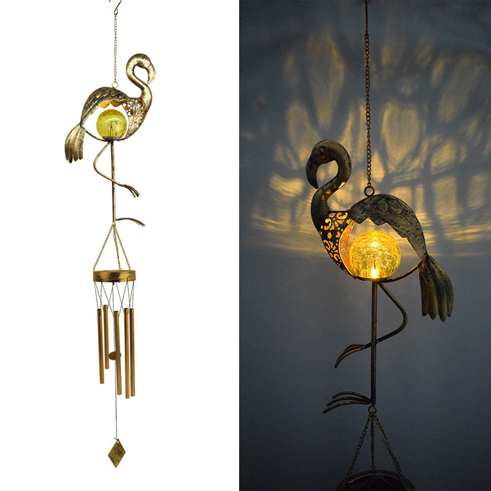Hanging Flamingo Solar LED Wind Chime with Crackle Glass Globe | Thrascher