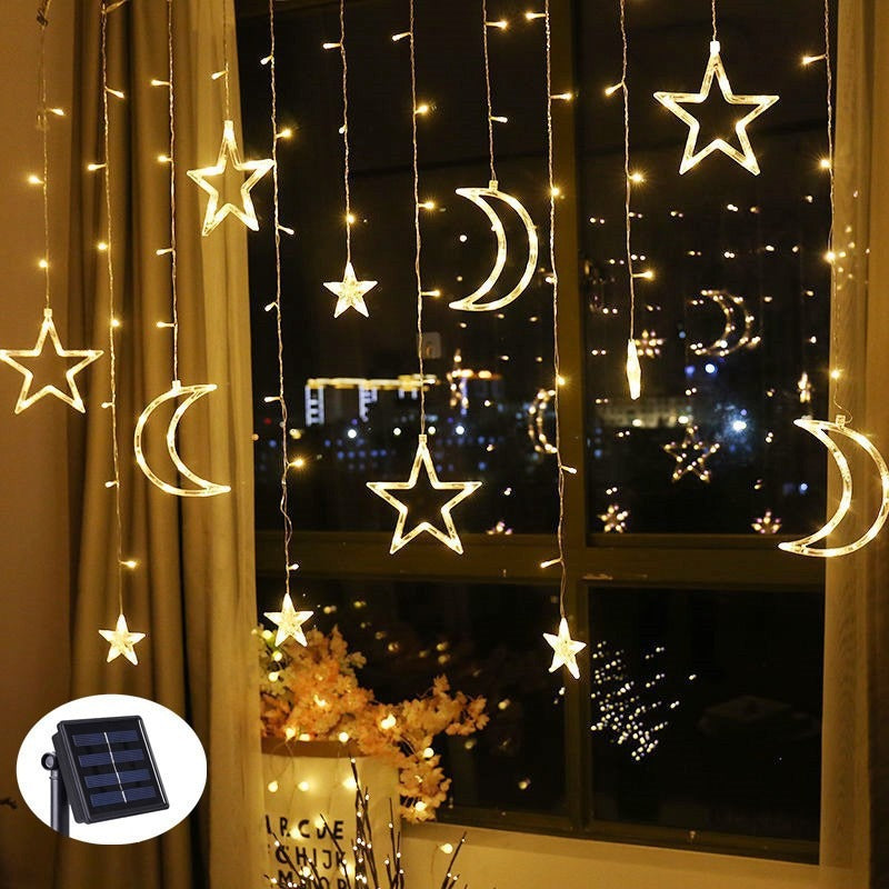 Hanging Star and Crescent Moon LED Curtain String Lights for Bedroom Ambiance | Thrascher