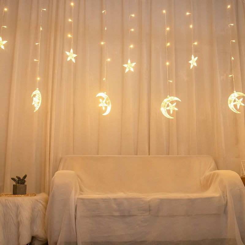 Hanging Star and Crescent Moon LED Curtain String Lights for Bedroom Ambiance | Thrascher