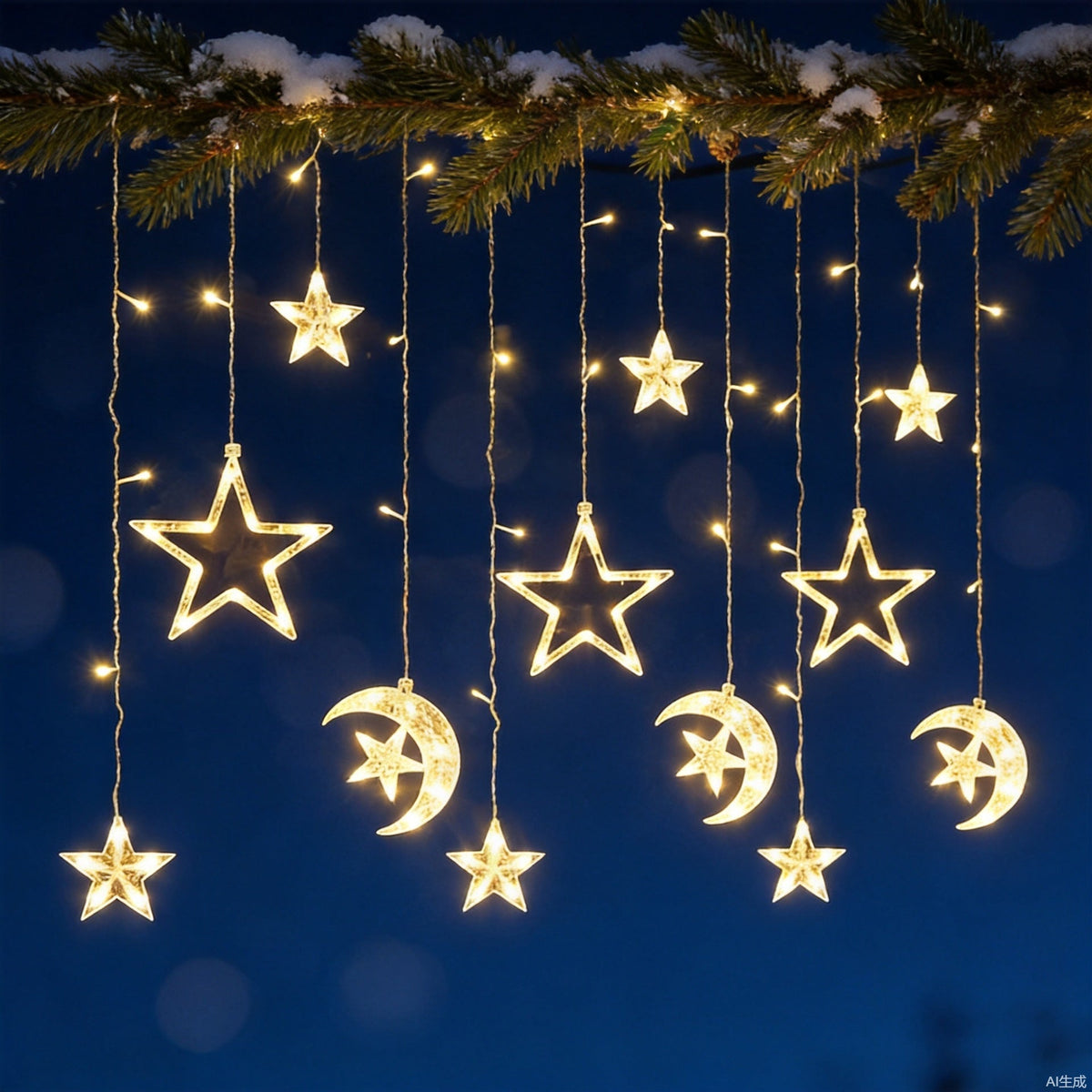 Hanging Star and Crescent Moon LED Curtain String Lights for Bedroom Ambiance | Thrascher