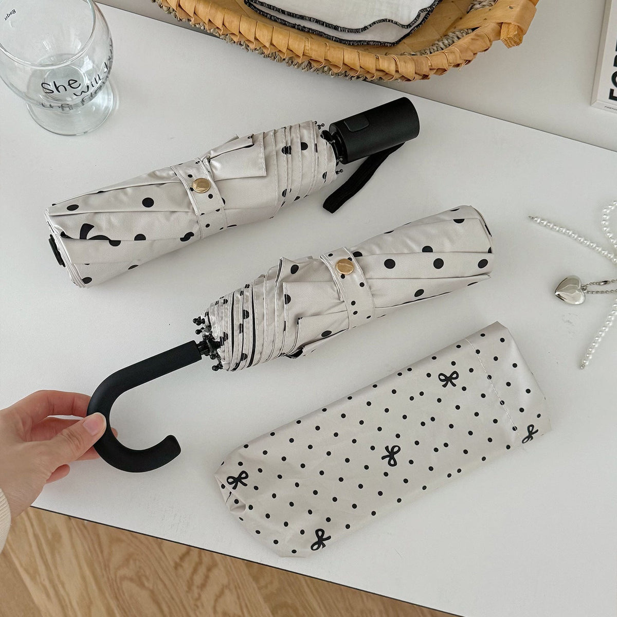 Ladies' Compact Polka Dot Rain Umbrella with Matching Case, view 4