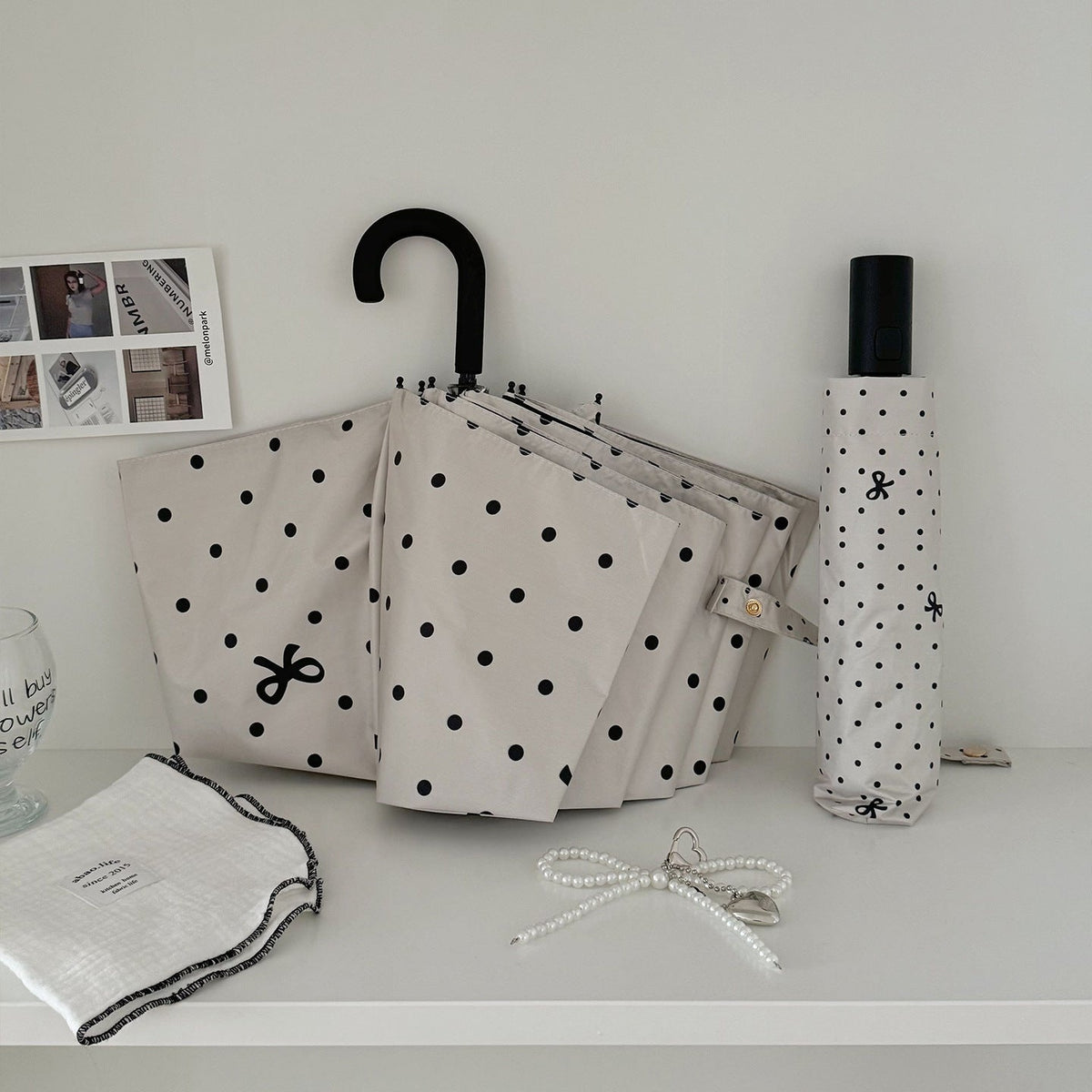 Ladies' Compact Polka Dot Rain Umbrella with Matching Case