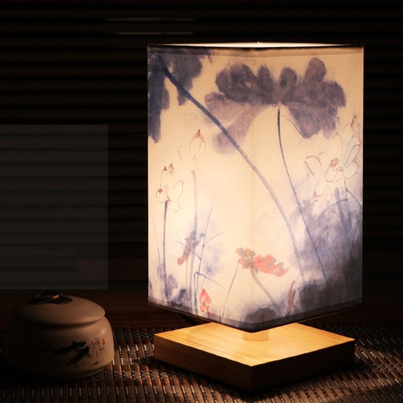 Japanese Scandinavian Bedside Table Lamp with Wooden Base and Patterned Fabric Shade