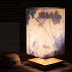 Japanese Scandinavian Bedside Table Lamp with Wooden Base and Patterned Fabric Shade