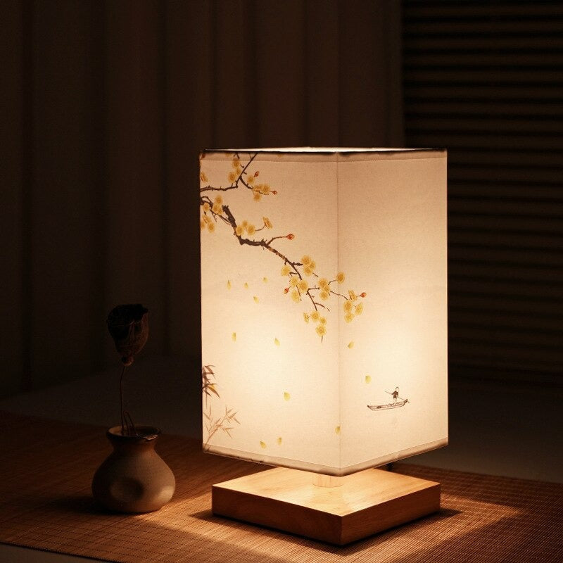 Japanese Scandinavian Bedside Table Lamp with Wooden Base and Patterned Fabric Shade