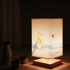 Japanese Scandinavian Bedside Table Lamp with Wooden Base and Patterned Fabric Shade