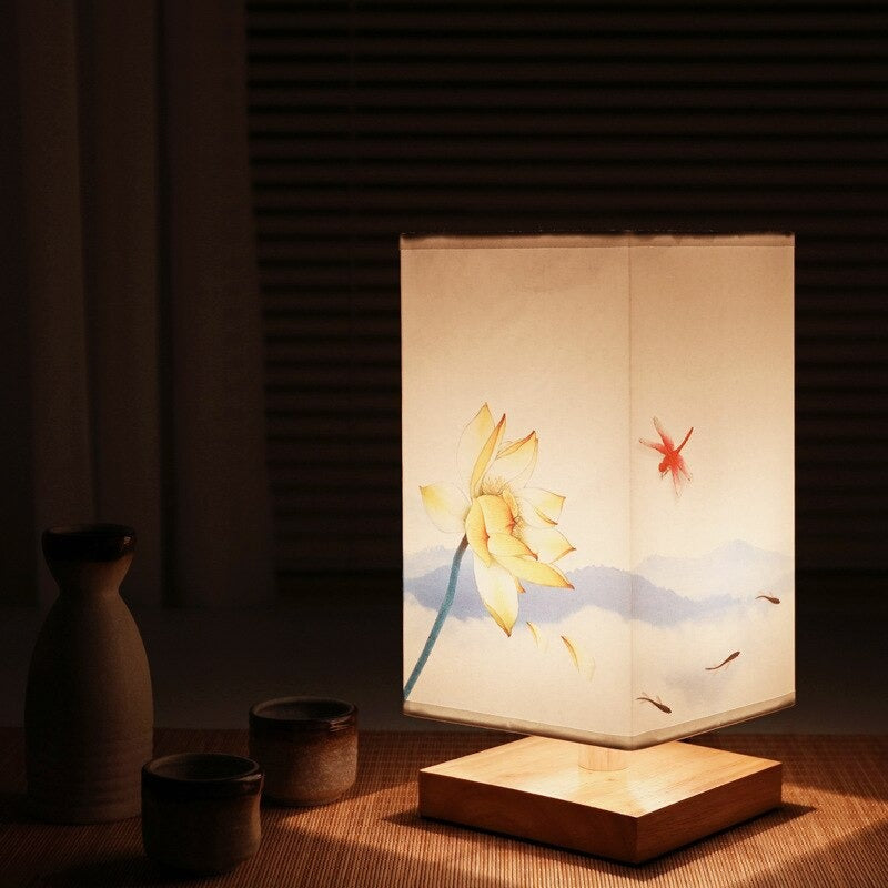 Japanese Scandinavian Bedside Table Lamp with Wooden Base and Patterned Fabric Shade