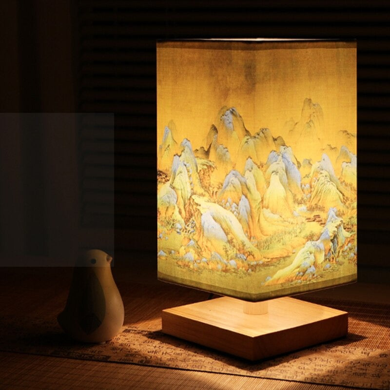Japanese Scandinavian Bedside Table Lamp with Wooden Base and Patterned Fabric Shade