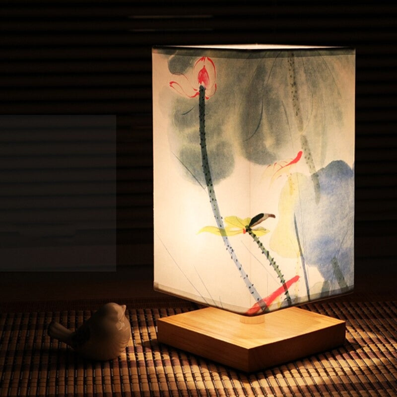 Japanese Scandinavian Bedside Table Lamp with Wooden Base and Patterned Fabric Shade
