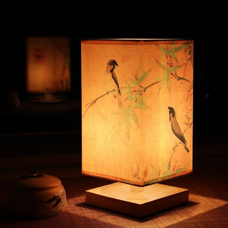 Japanese Scandinavian Bedside Table Lamp with Wooden Base and Patterned Fabric Shade