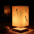 Japanese Scandinavian Bedside Table Lamp with Wooden Base and Patterned Fabric Shade