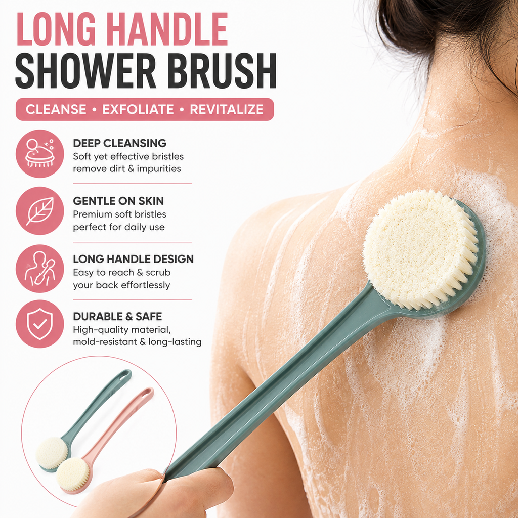 Long-Handled Soft-Bristle Back Exfoliating Shower Brush for Full-Back Cleansing
