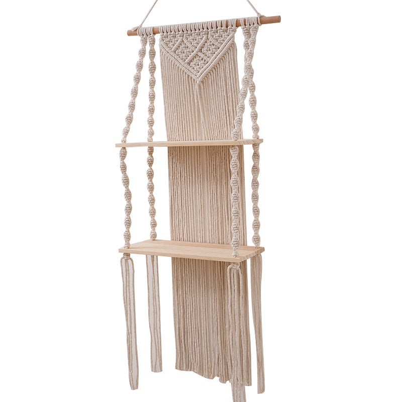 Macrame Decorative Wall Shelf with Natural Wood Accents | Thrascher